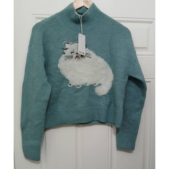 And other stories womens small cat lover sweater mockneck alpaca spruce green - Picture 2 of 8
